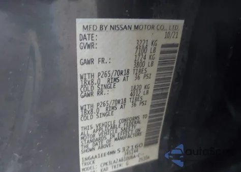 2021 Nissan Titan S z USA, uszkodzony, nr VIN 1N6AA1EE4MN532160